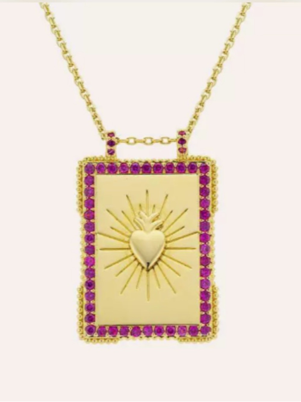 Gold Sacred Heart Rectangle Pendant Necklace with Pink Gem Border